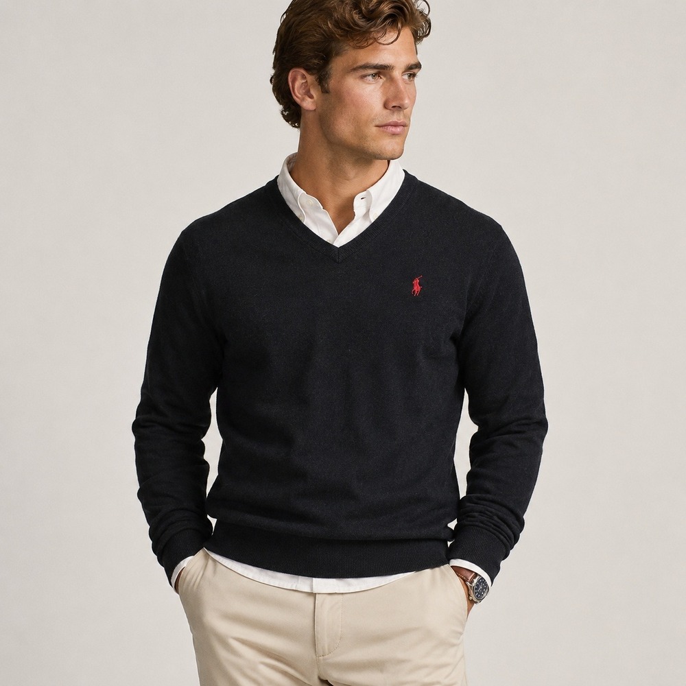 Polo Ralph Lauren Black‎ Pima Cotton V-Neck Sweater Mens XL Red Pony Logo READ